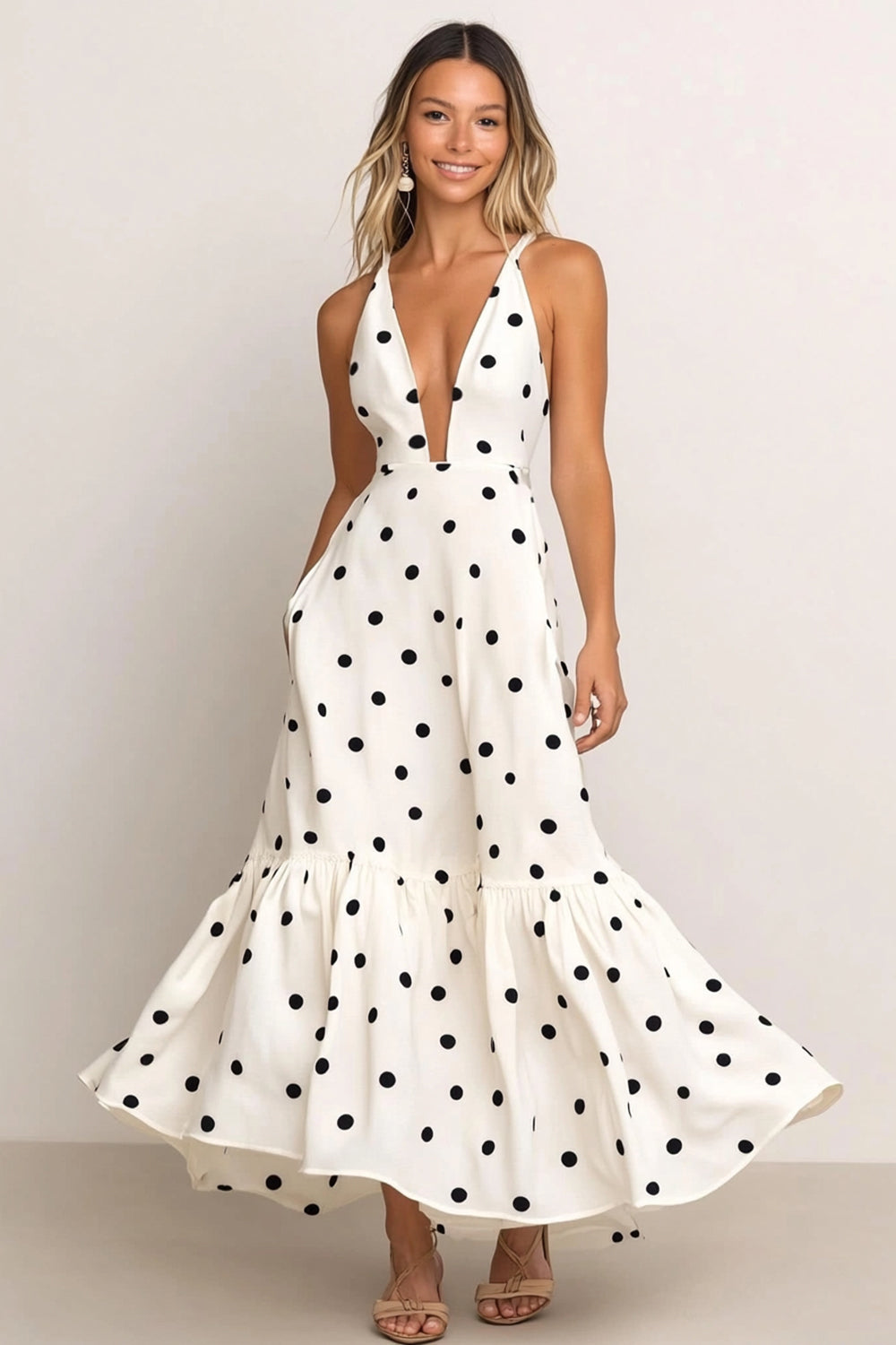 White Deep V-Neck Satin A Line Long Black Dot Wedding Guest Dress